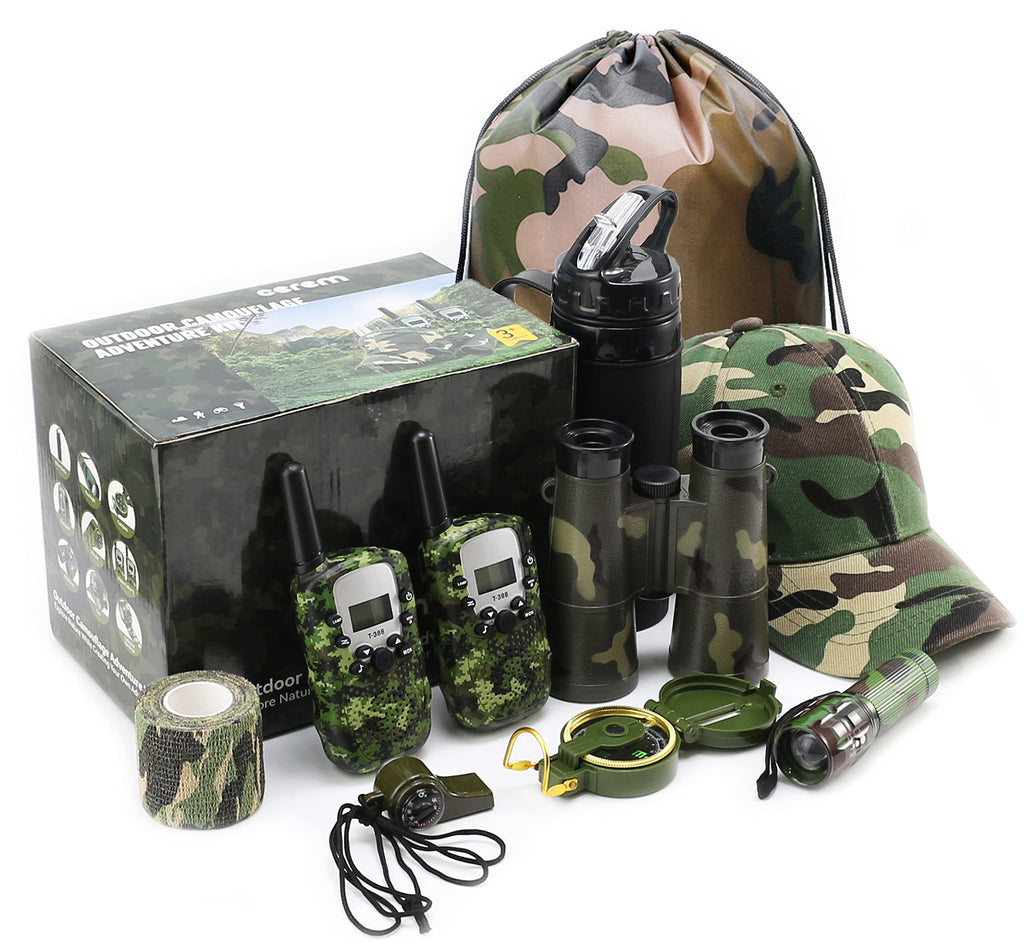 CEREM Outdoor Adventure Kit for Kids – Premium Camouflage Camping Gear with Walkie-Talkies – Military Style Toys – Explorer Gear Play Set – 10 in 1 Bundle – Ideal for All Ages and Genders