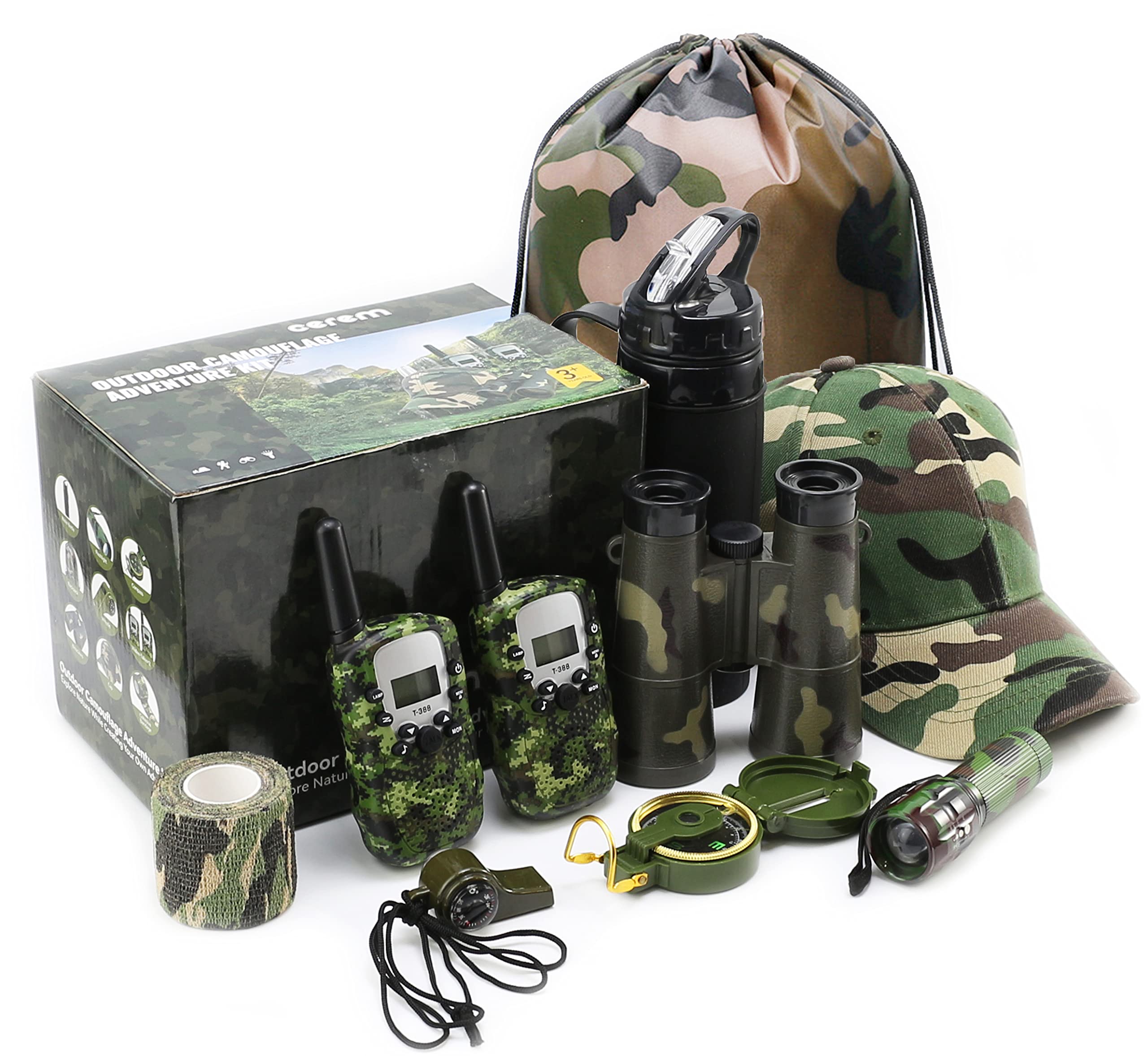 CEREM Outdoor Adventure Kit for Kids – Premium Camouflage Camping Gear with Walkie-Talkies – Military Style Toys – Explorer Gear Play Set – 10 in 1 Bundle – Ideal for All Ages and Genders