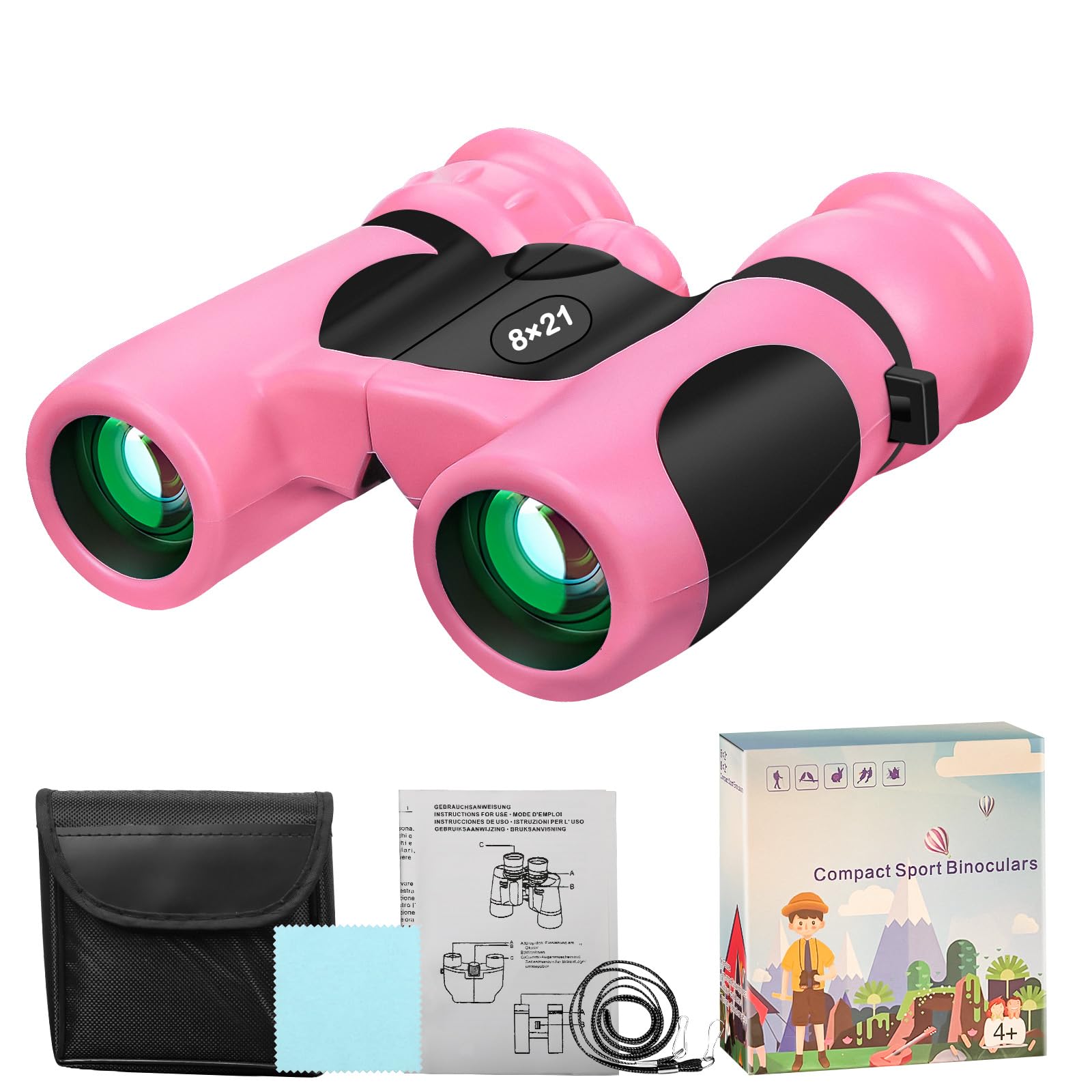BLACKICE Binoculars for Kids High-Resolution 8x21 Kids Binoculars Gift Set for Boys & Girls Shockproof & Compact for Bird Watching Travel Hiking Camping Hunting Children Outdoor Gear (Pink)