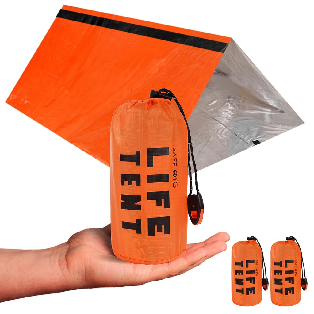 2 Pack Emergency Survival Tent Life Shelter 2 Person Mylar Tube Tents Tarp with Whistle & Paracord Year-Round All Weather Protection for Car Outdoor Hiking Camping Gear Equipment & First Aid Supplies